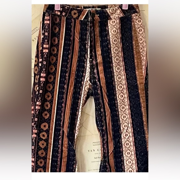Free People Just Float On Flare Jean Corduroy Print Stripe Black Brown Tan - Picture 5 of 6